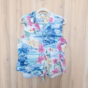 Tommy Bahama Womens Linen Floral Top Size L Sleeveless Tie Front Tropical Resort
